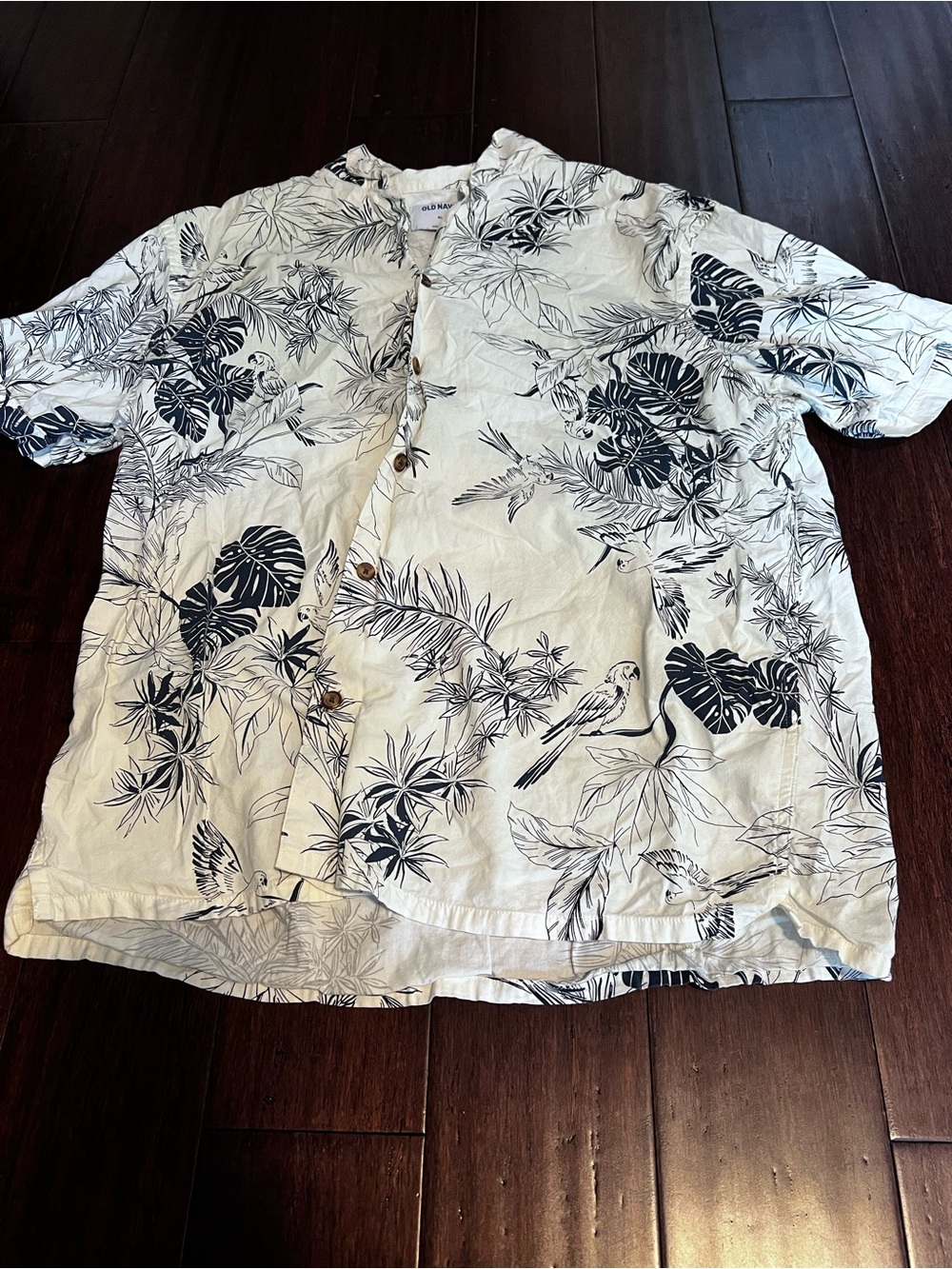 Old Navy White Short-Sleeve Button-Down Shirt with Navy Tropical Print